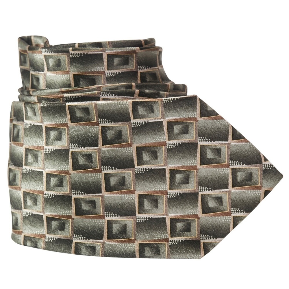 Pierre Cardin Men's Silk Necktie Designer Geometric Squares Olive Green Brown